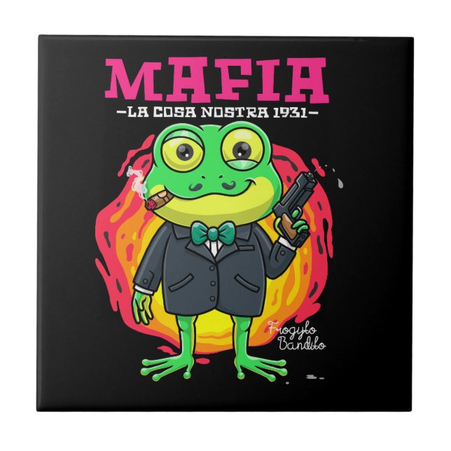 frog cartoon mafia illustration with t-shirt mock  ceramic tile (Front)