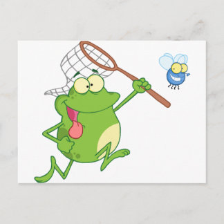 Frog chasing fly with net postcard