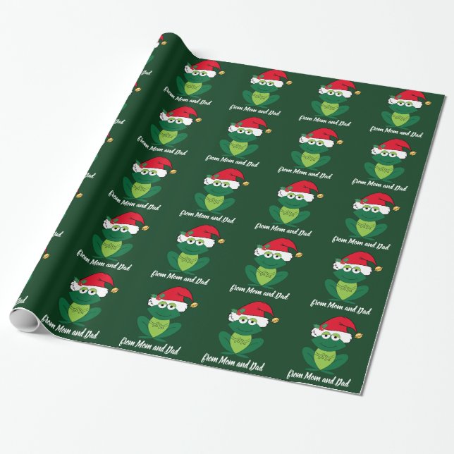 Frog Christmas Cute Green Monogram Wrapping Paper (Unrolled)