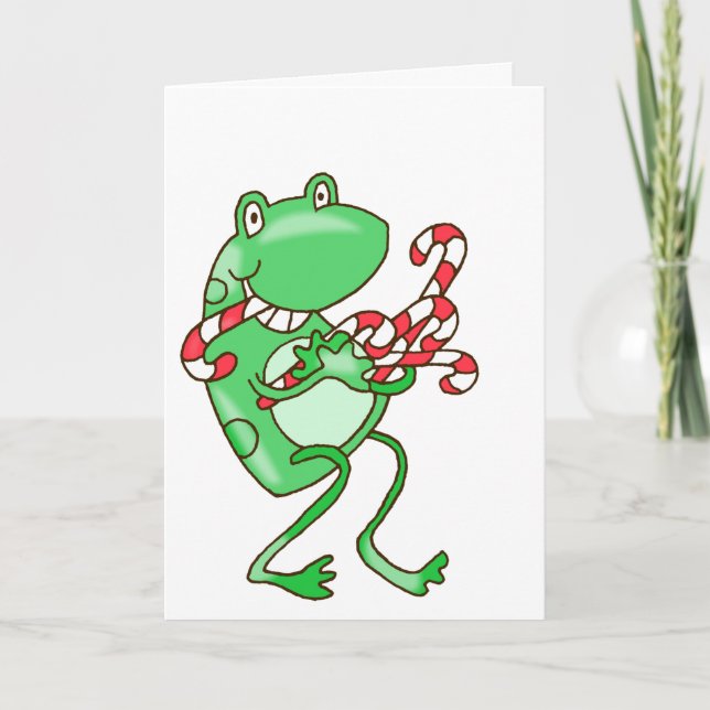 Frog Christmas -- Frog, Candy Cane Xmas  Card (Front)