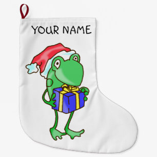 Frog Christmas -- Frog, Present, Santa Hat Christm Large Christmas Stocking