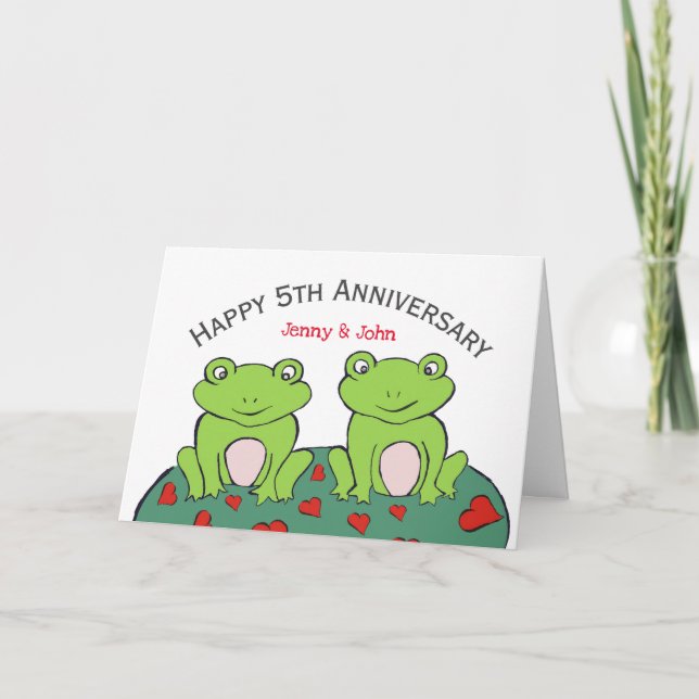 Frog couple 5th wood wedding anniversary card (Front)