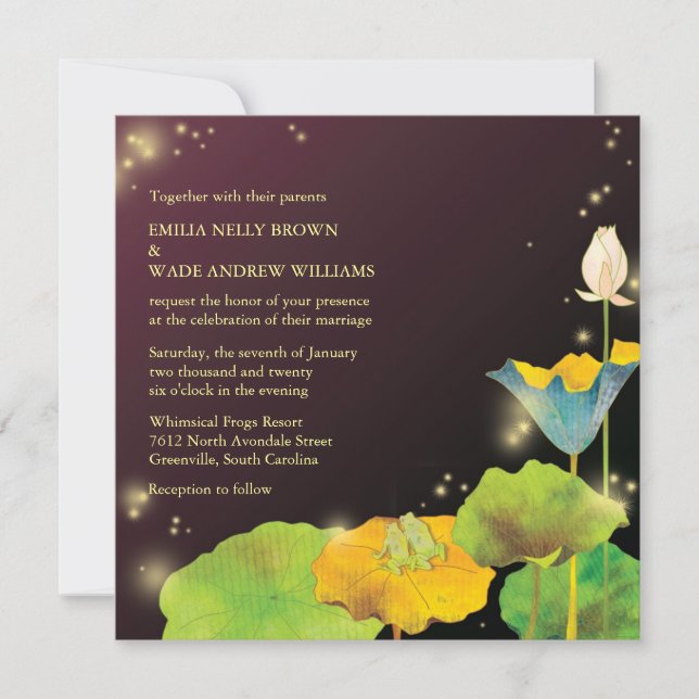 Frog Couple & Fireflies Whimsical Wedding Invitation (Front)