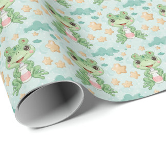 Frog Cute Baby Pastel Watercolor Pattern  Wrapping Paper