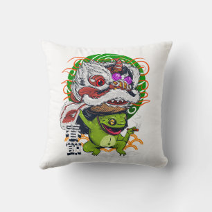 Frog Dancing with Lion Mask Retro Fantasy Illustra Cushion
