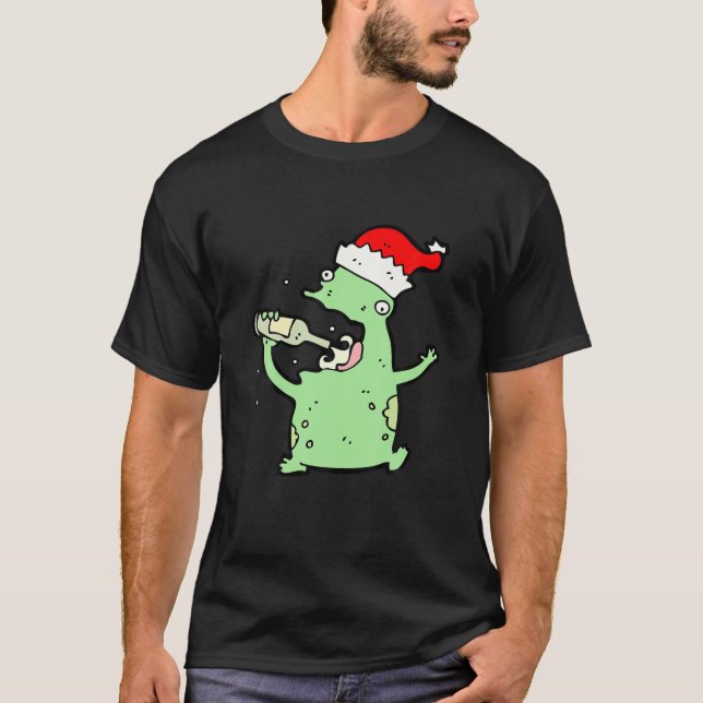 Frog Drinking Beer Funny Santa Hat Frogs Lover Chr T-Shirt (Front)