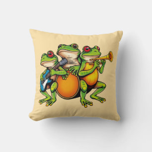 Frog family band playing guitar and drums cushion