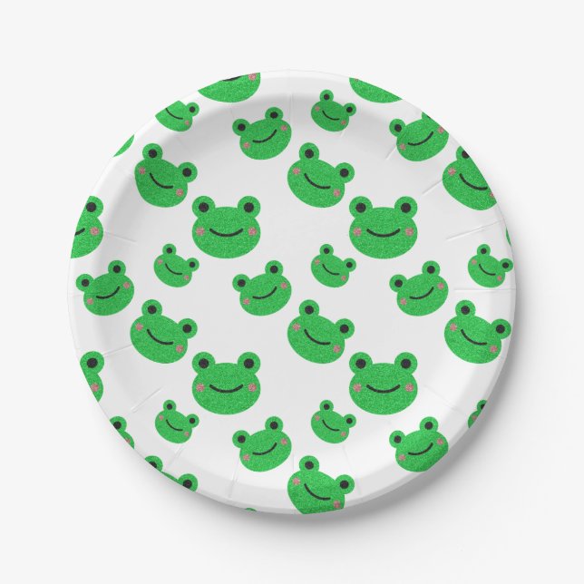 Frog First Birthday party Croaking Green Glitter Paper Plate (Front)