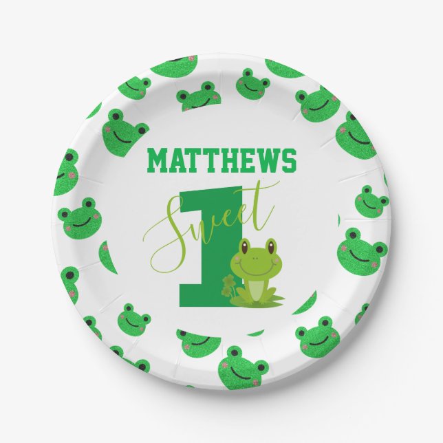 Frog First Birthday party Cute funny amphibian Paper Plate (Front)