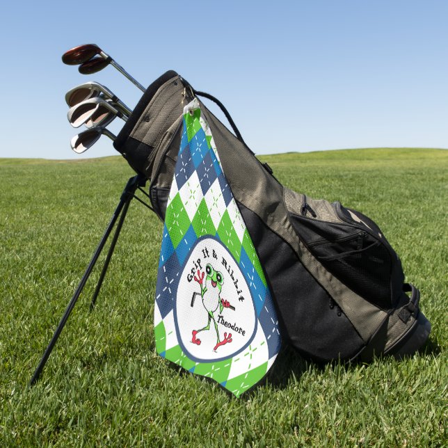 Frog Golfing Grip It and Ribbit Blue Green Argyle Golf Towel (Green)