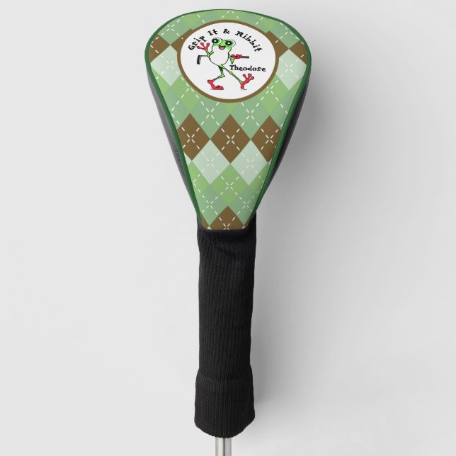 Frog Golfing Grip It and Ribbit Green Brown Argyle Golf Head Cover (Front)
