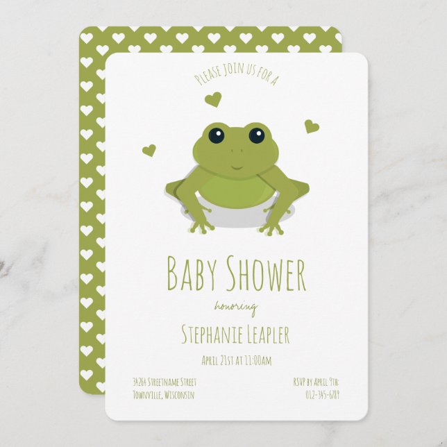 Frog Green Cute Animal Baby Shower Invitation (Front/Back)