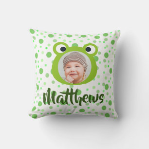 Frog Green Dots kid Name Photo Throw Pillow