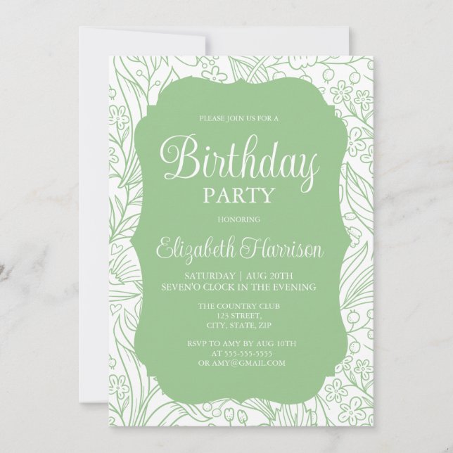 Frog Green White Flora Girl Birthday Party Invitation (Front)