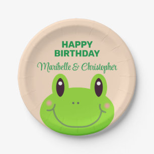 Frog Happy Birthday Twins Cream Yellow Paper Plate