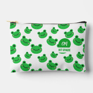 Frog Happy Face Pattern Green Monogram School Accessory Pouch