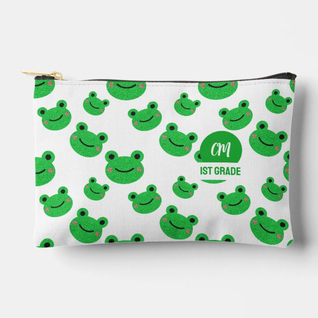 Frog Happy Face Pattern Green Monogram School Accessory Pouch (Front)