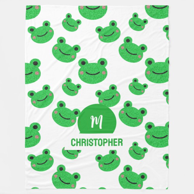Frog Happy Face Pattern Green Monogram School Fleece Blanket (Front)