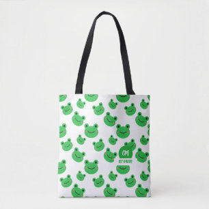 Frog Happy Face Pattern Green Monogram School Tote Bag