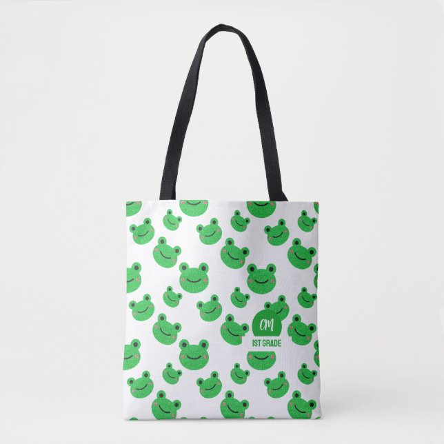 Frog Happy Face Pattern Green Monogram School Tote Bag (Front)