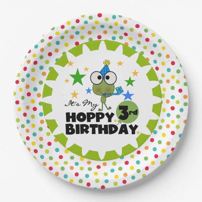 Frog Hoppy 3rd Birthday Paper Plates (Front)