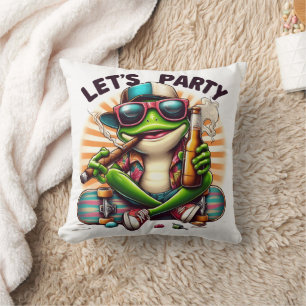 Frog in a cap enjoying a party on a skateboard cushion