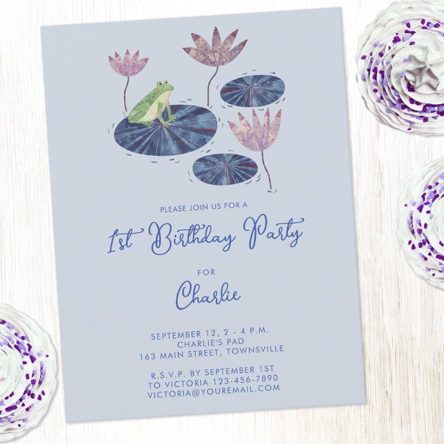 Frog in a Lily Pond Cute 1st First Birthday Invite Postcard (Cute frog themed first 1st custom age personalized birthday party invitation postcard)
