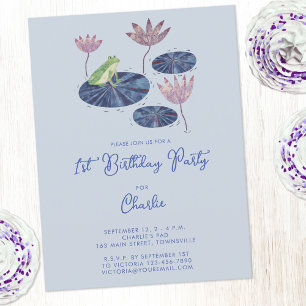 Frog in a Lily Pond Cute 1st First Birthday Invite Postcard