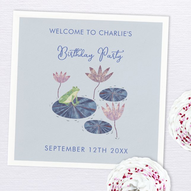 Frog in a Lily Pond Cute Birthday Party Napkin (Personalized frog themed birthday party paper napkins)