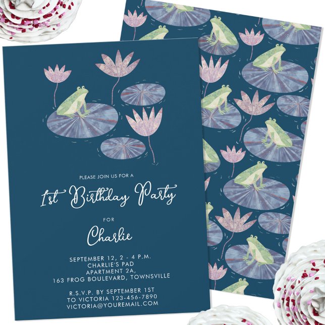 Frog in a Lily Pond Cute First 1st Birthday Party Invitation (Cute frog themed personalized first 1st custom age and text birthday party invitation)