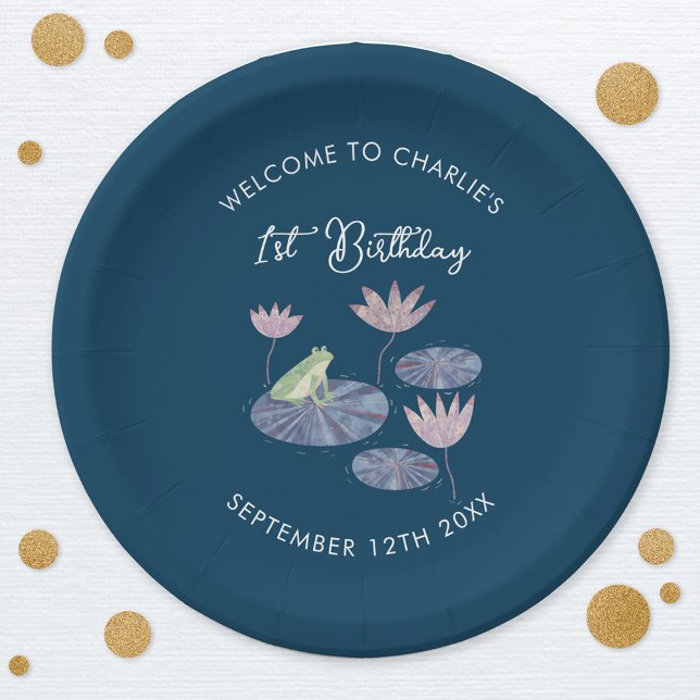 Frog in a Lily Pond Cute First 1st Birthday Party Paper Plate (Cute frog themed personalized first 1st custom age birthday party paper plates)