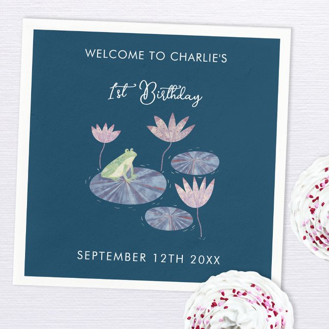 Frog in a Lily Pond Cute First Birthday Party Napkin (Cute frog themed first 1st custom age birthday party paper napkins)