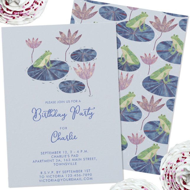 Frog in a Lily Pond Cute Kids Birthday Party Invitation (Cute frog themed kids birthday party invitation with custom personalized text)