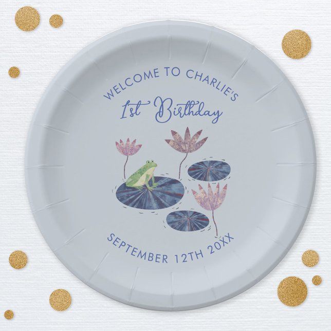 Frog in a Lily Pond Cute Kids First 1st Birthday Paper Plate (Cute frog themed kids first 1st birthday party paper plates with custom text and age)
