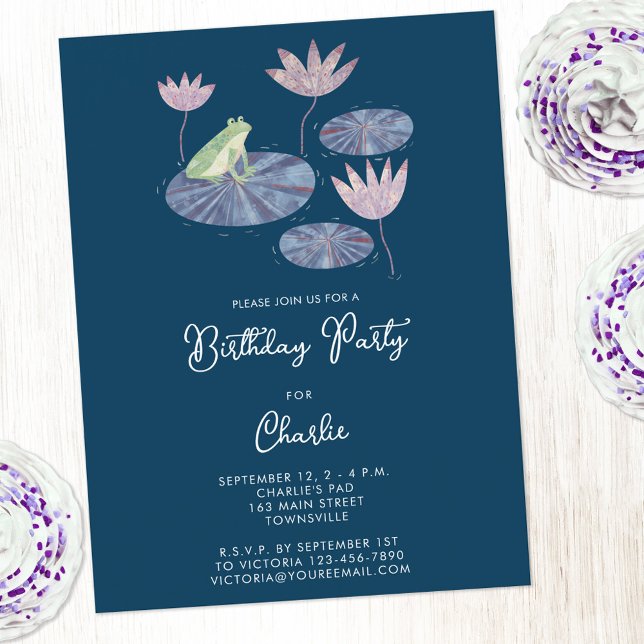 Frog in a Lily Pond Kids Birthday Party Invitation Postcard (Cute frog themed kids birthday party invitation postcard with personalized custom text)