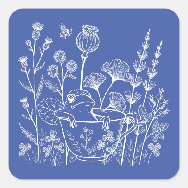 Frog in a Teacup – Botanical Illustration Square Sticker (Front)