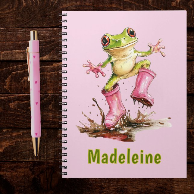 Frog in Cute Pink Boots in Puddle Monogram Child's Notebook (Creator Uploaded)