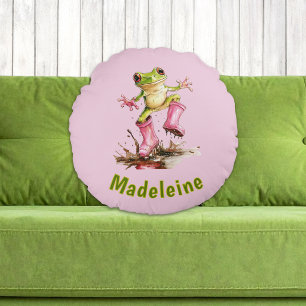Frog in Cute Pink Boots in Puddle Monogram Child's Round Cushion