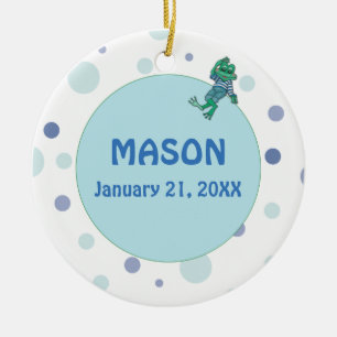 Frog in Jeans, Birthday, Polka Dots, Custom Name Ceramic Ornament