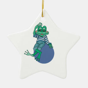 Frog in Jeans, Birthday, Polka Dots, Custom Name Ceramic Tree Decoration