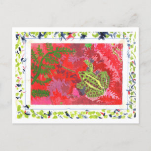 Frog in red bog in hand-painted frame postcard