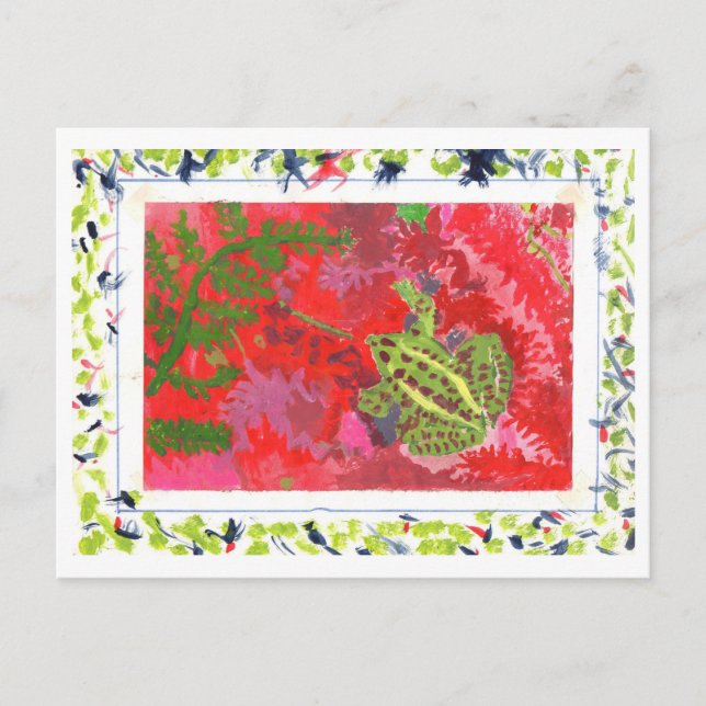 Frog in red bog in hand-painted frame postcard (Front)