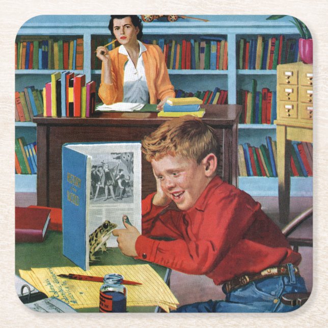 Frog in the Library Square Paper Coaster (Front)