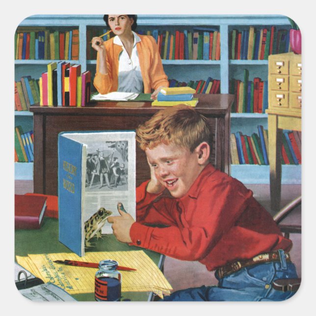 Frog in the Library Square Sticker (Front)