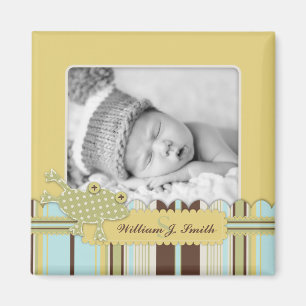 Frog Leaping over Stripe Print Birth Announcement Magnet