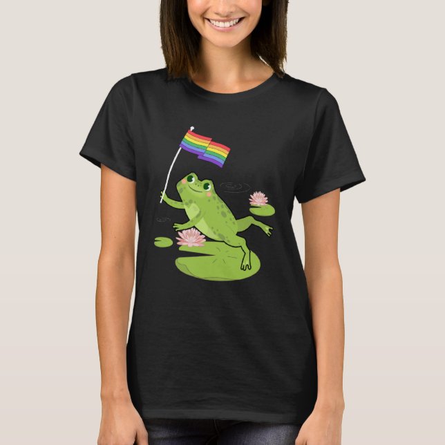 Frog  LGBTQ Gay Pride Flag Lily Pad Illustration T-Shirt (Front)