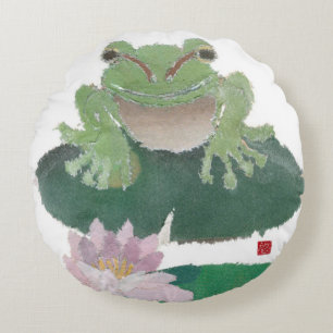 Frog, Lily Pad, Lotus Round Cushion