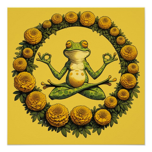 Frog Meditation Froggy Yoga Marigolds              Poster (Front)