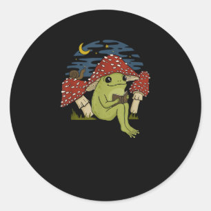 Frog Mushroom Hat Reading Book - Cottagecore Gobli Classic Round Sticker