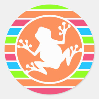 Frog; Neon Orange Pink Blue Green Stripes Classic Round Sticker